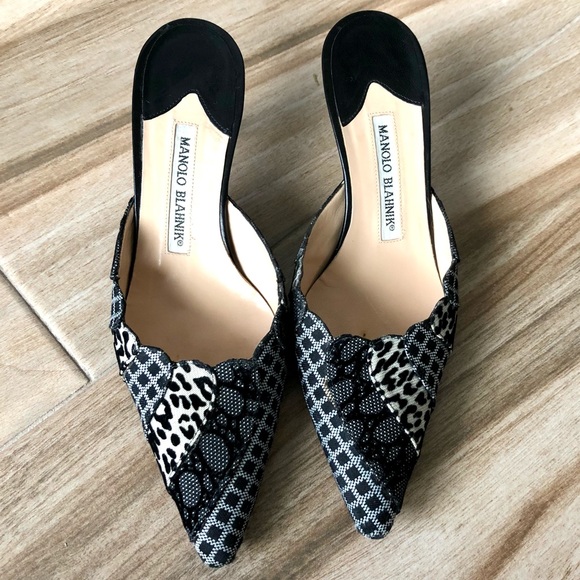 Manolo Blahnik Shoes - MANOLO BLAHNIK Black Silver Velvet Mixed Pattern Mules Pumps Size 36